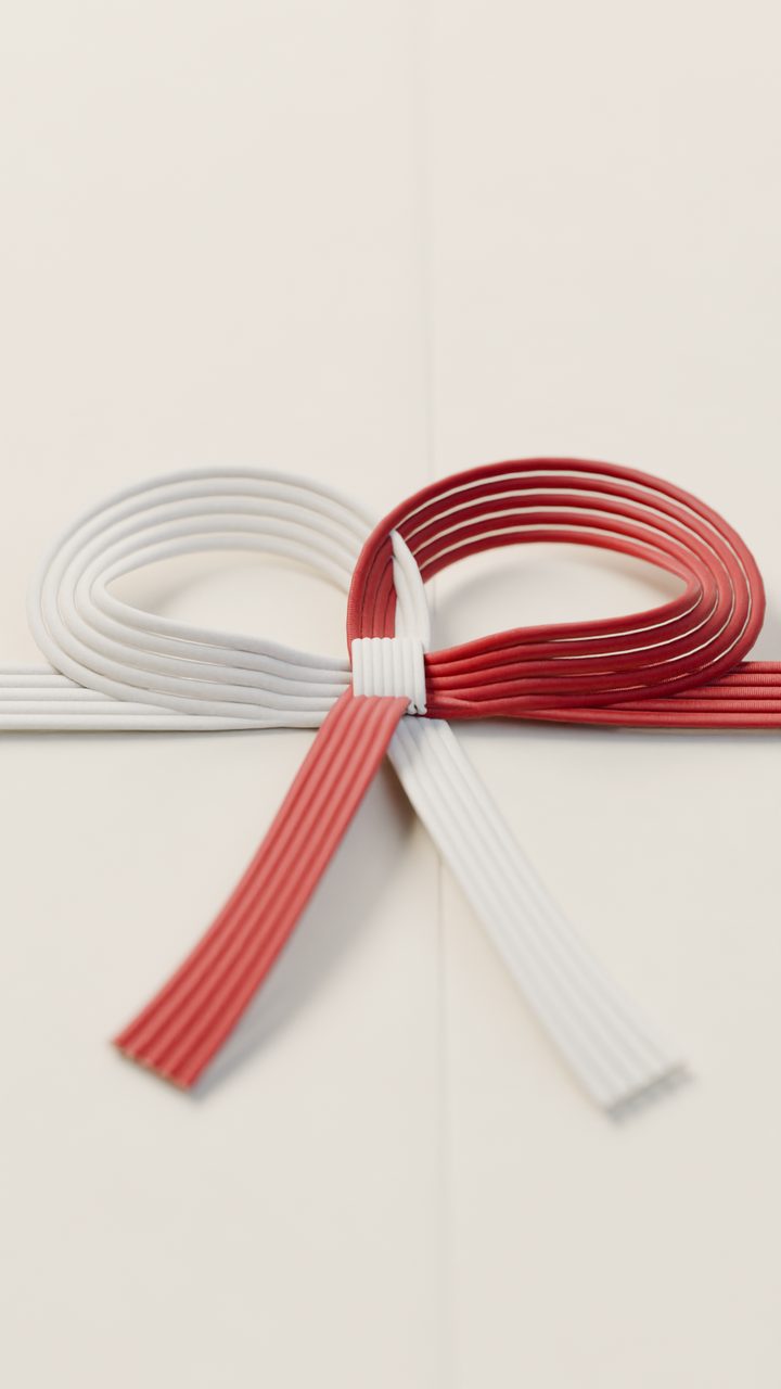 A washi envelope tied with red and white mizuhiki cord